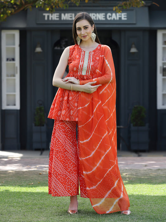 Stylum Women's Bandhej Printed Cotton Flared Short Kurta Sharara Dupatta Set (ORANGEAUDI)
