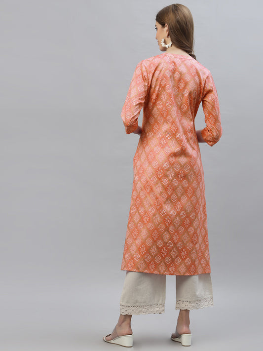 Stylum Women's Bandhani Printed Cotton Blend A-Line Kurta (ORANGEKESAR)