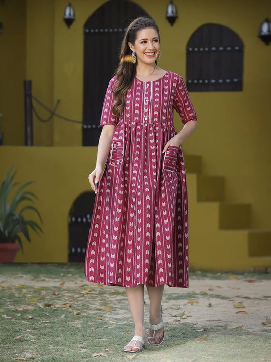 Wine Cotton Blend Maxi Dress