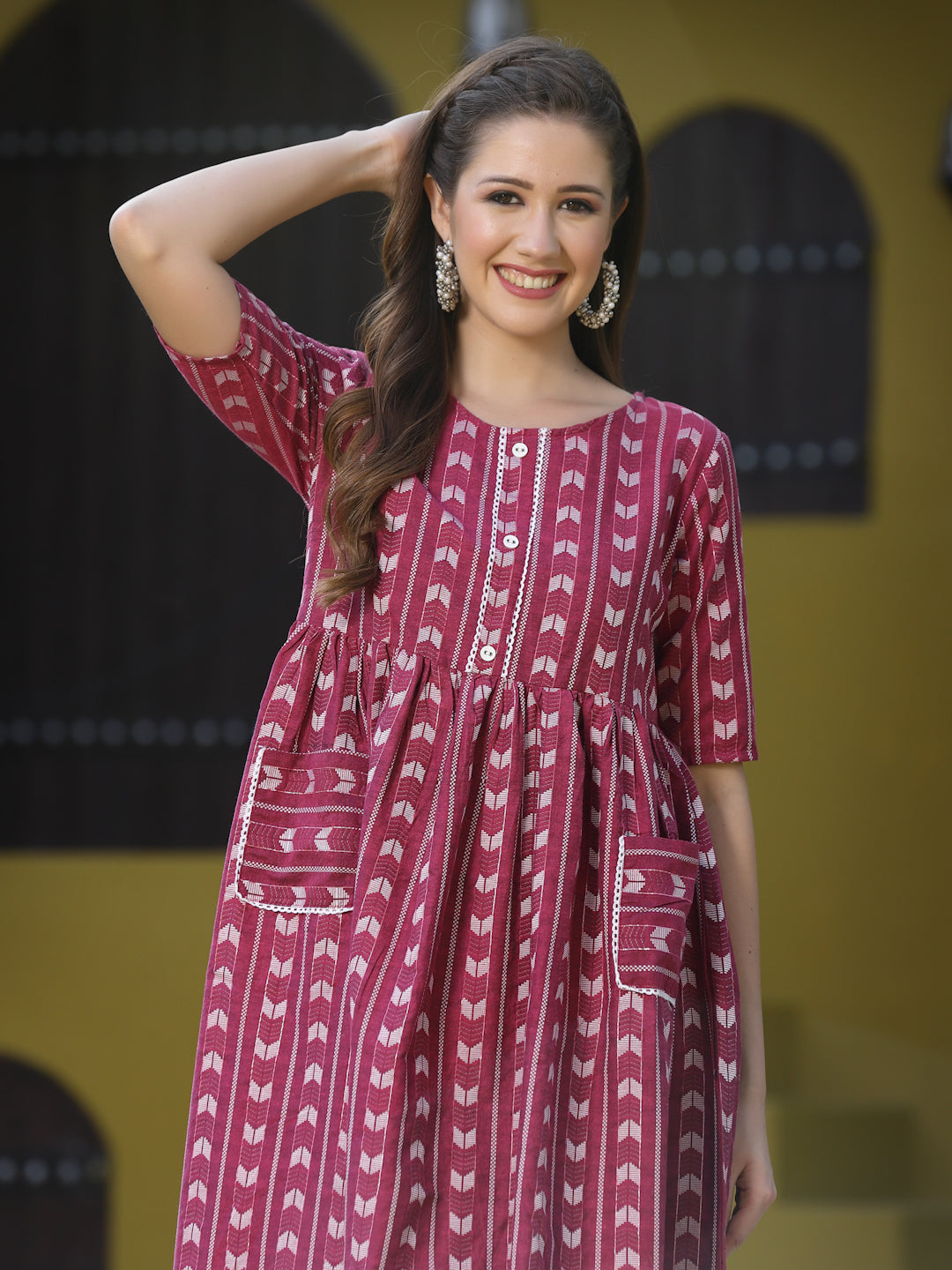 Stylum Women's Self Design Cotton Blend Maxi Dress (POPPYWINE)