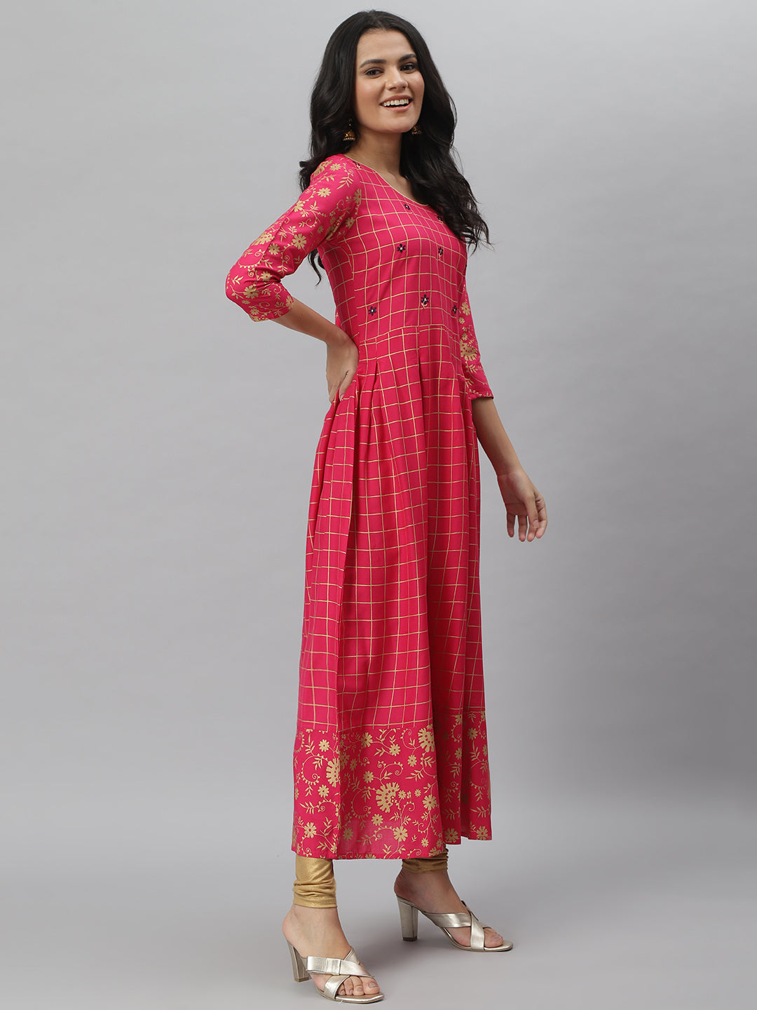 StylumàWomen's Printed Rayon Flared Kurta (pankhuripink)