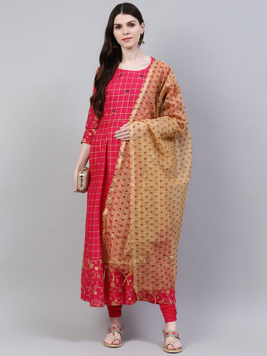 Stylum Women's Embroidered Rayon Flared Kurta Dupatta Set (Pinkpankhkdset)