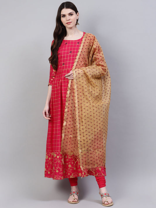 Stylum Women's Embroidered Rayon Flared Kurta Dupatta Set (Pinkpankhkdset)