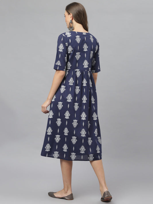 Stylum Women's Blue Floral Print Cambric Ethnic Dress (RUBYNAVY)