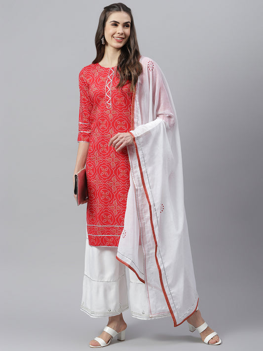 Stylum Bandhani Print Rayon Straight Kurta Sharara Dupatta Set (Redribsshararaset)