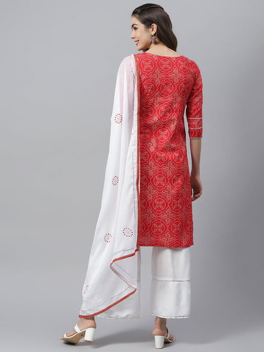 Stylum Bandhani Print Rayon Straight Kurta Sharara Dupatta Set (Redribsshararaset)