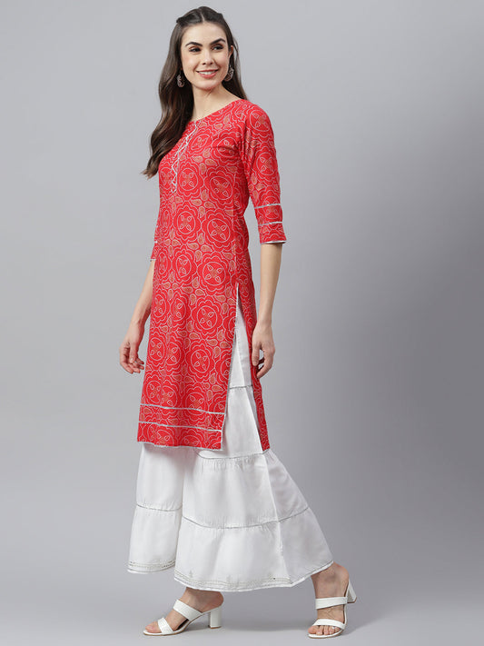Stylum Bandhani Print Rayon Straight Kurta Sharara Dupatta Set (Redribsshararaset)