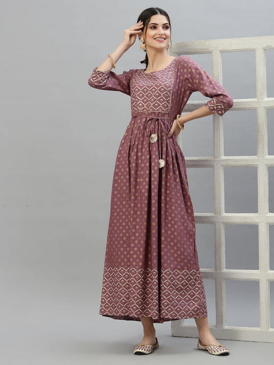 Stylum Women's Gold & Khari Printed Rayon Flared Long Ethnic Dress (SONYMAUVE)
