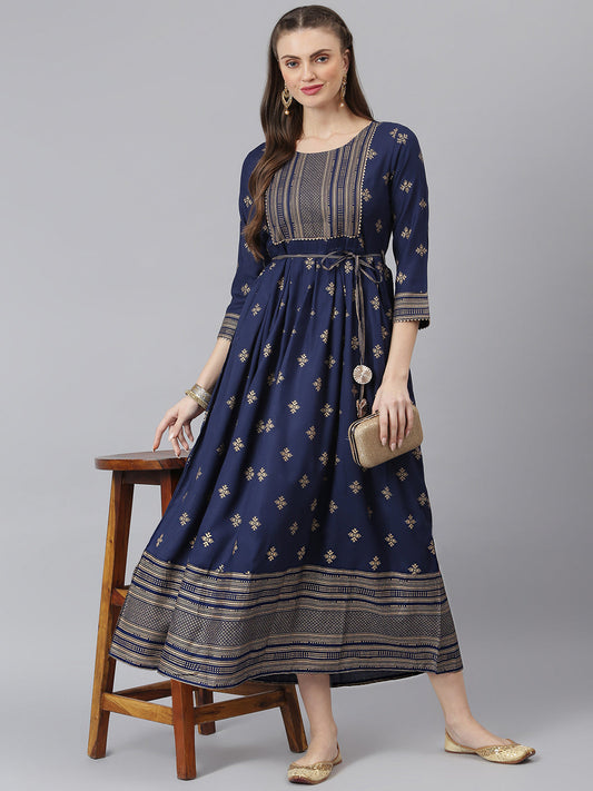 Stylum Women's Gold Printed Rayon Flared Kurta (TONYNAVY)