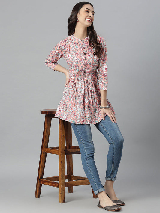 Stylum Women's Floral Printed Cotton Flared Ethnic Short Kurta  (TOPPINKTUKER)