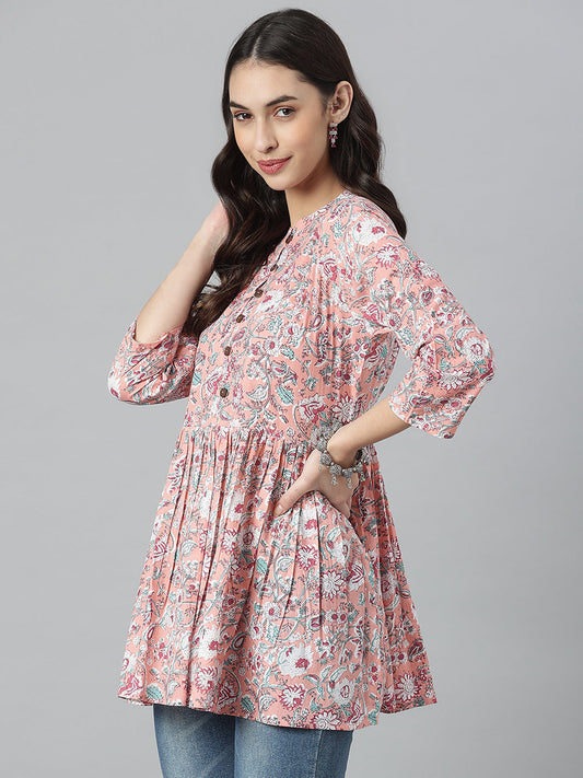 Stylum Women's Floral Printed Cotton Flared Ethnic Short Kurta  (TOPPINKTUKER)