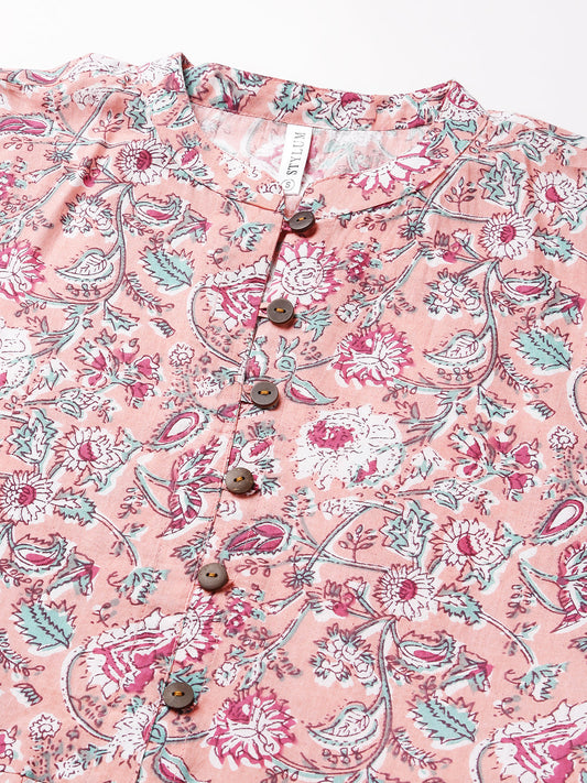 Stylum Women's Floral Printed Cotton Flared Ethnic Short Kurta  (TOPPINKTUKER)