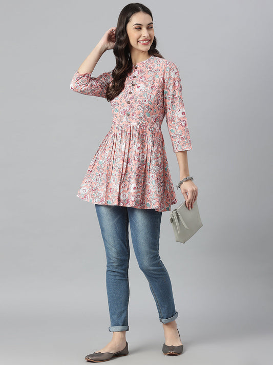 Stylum Women's Floral Printed Cotton Flared Ethnic Short Kurta  (TOPPINKTUKER)