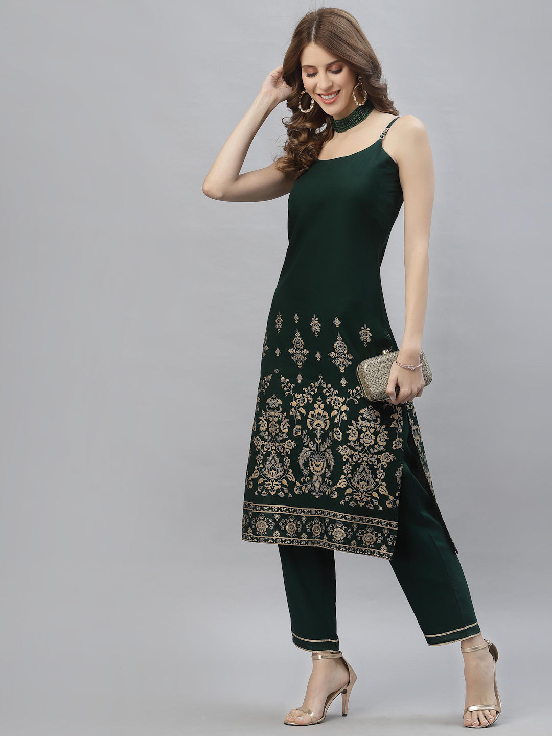 Stylum Women's Gold Printed Rayon Straight Kurta Pant Set (TULIPGREEN)