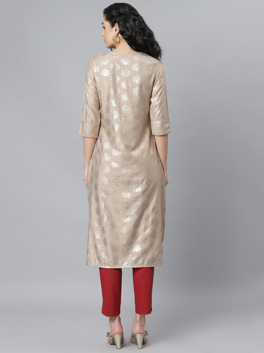 Stylum Women's Gold Printed Rayon Straight Kurta (Torubeige)