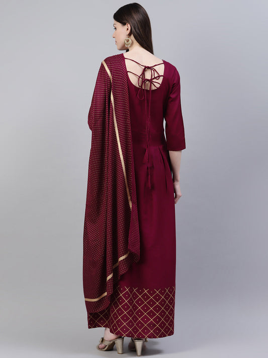 Stylum Women's Gold Print Rayon Flared Kurta Dupatta Set (Winetrianglekdset)