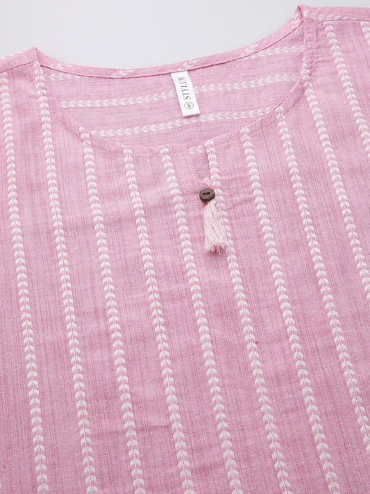Stylum Women's Self Woven Striped Cotton Blend Straight Kurta (YASHIPINK)