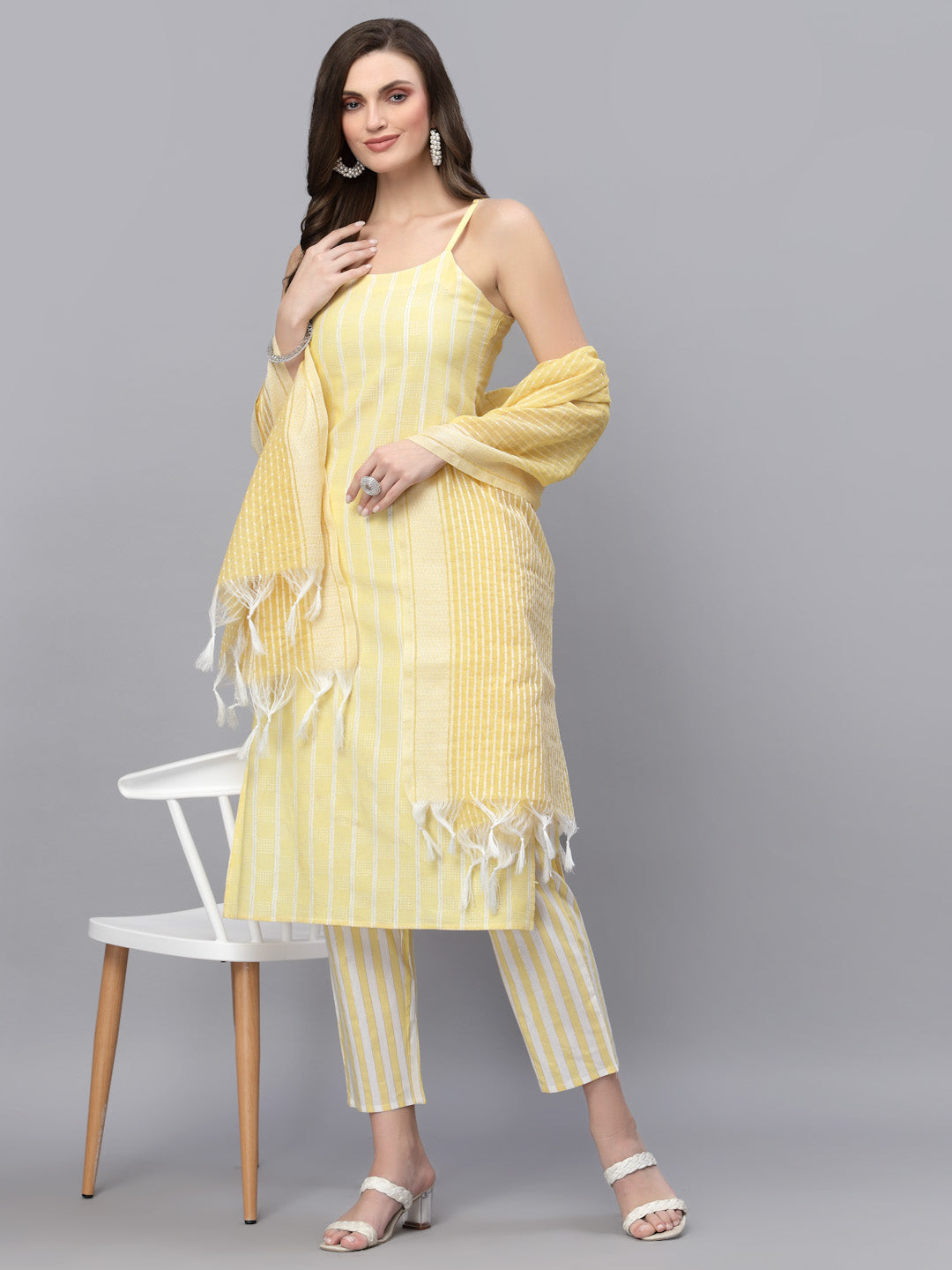 Stylum Women's Woven designed Cotton Blend Straight Kurta Pant Dupatta Set (YLWMELODY)