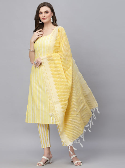 Stylum Women's Woven designed Cotton Blend Straight Kurta Pant Dupatta Set (YLWMELODY)