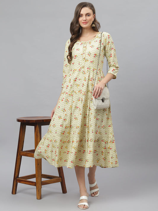 Stylum Women's Floral Printed Rayon Tiered kurta (ZINGYBEIGE)