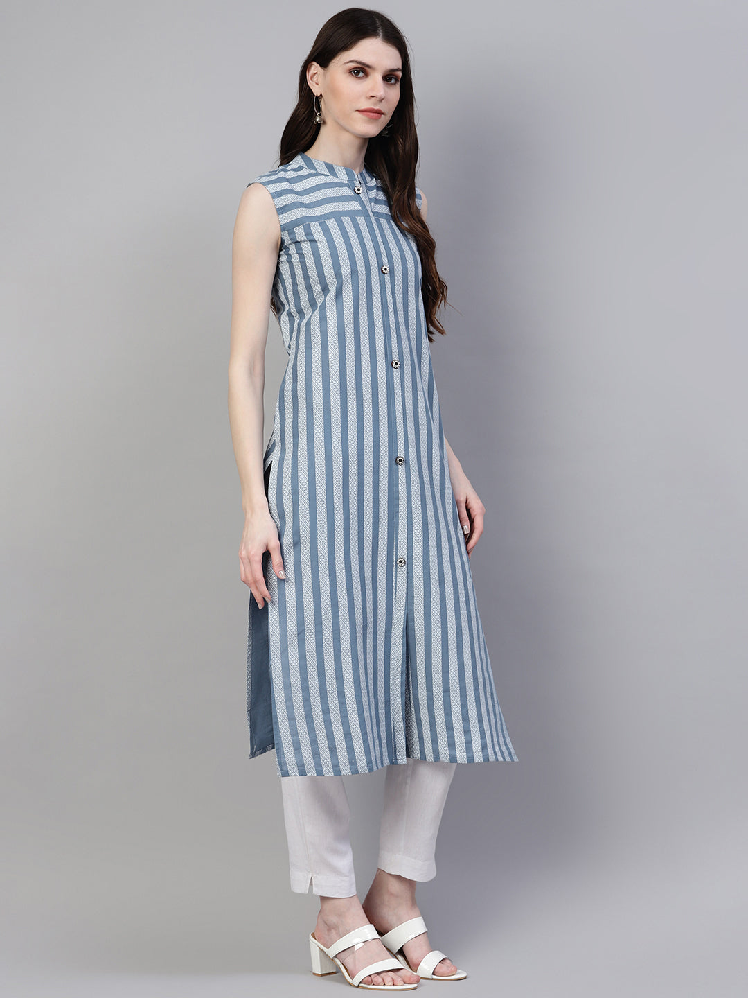 Stylum Women's Striped Cotton Straight Kurta (sologrey)