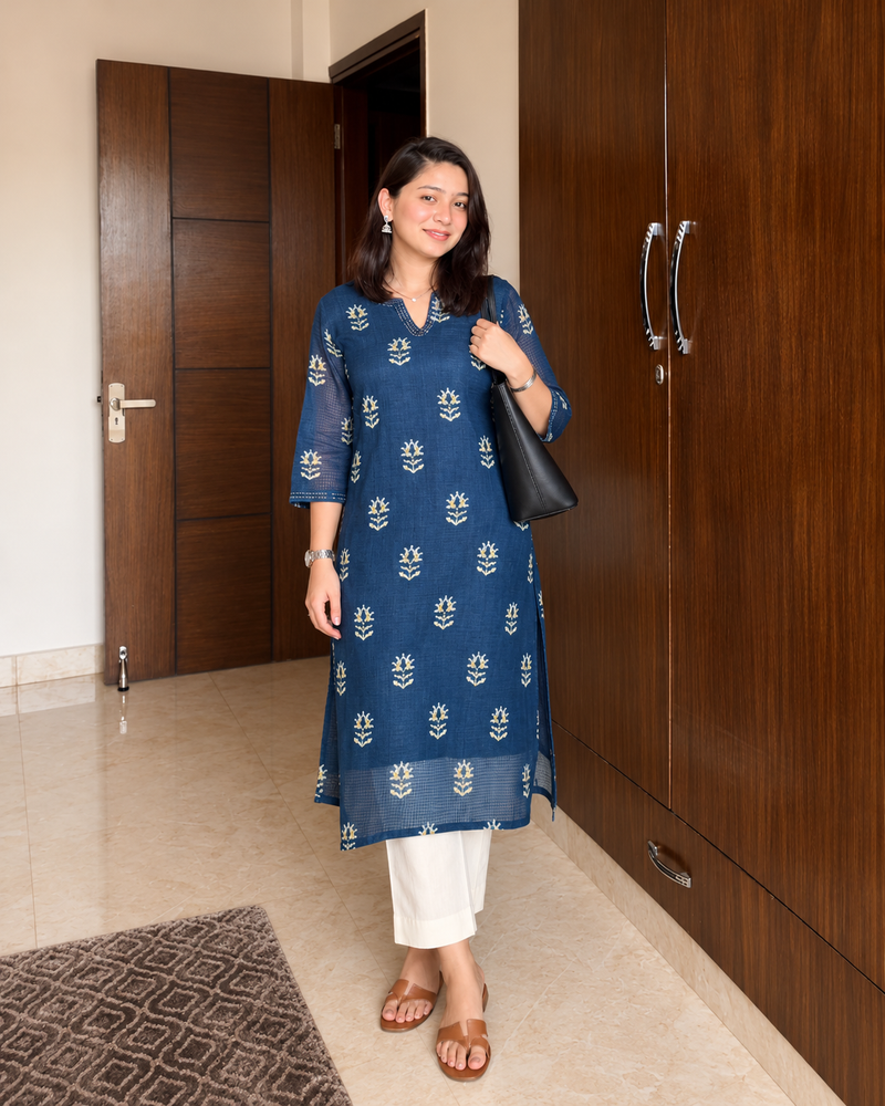 Indigo Floral Printed Kurta Set (KPBLUEKAMILA)