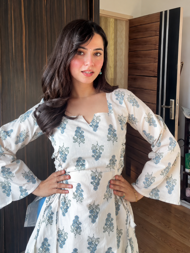 Blue Floral Printed Cotton Peplum Kurti for Women
