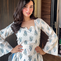 Blue Floral Printed Cotton Peplum Kurti for Women