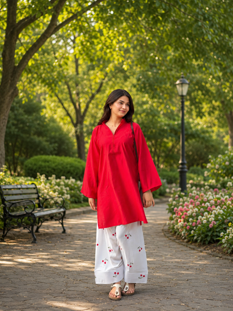 Beautiful Cotton Flex Kurti with Farsi Salvar with Embroidery Work