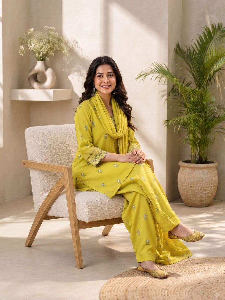 Mustard Embroidered Kurta Set
