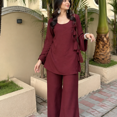 Maroon Rayon Relaxed Co-Ord Set with Wide-Leg Pants(KPMAROONSUVIRA)