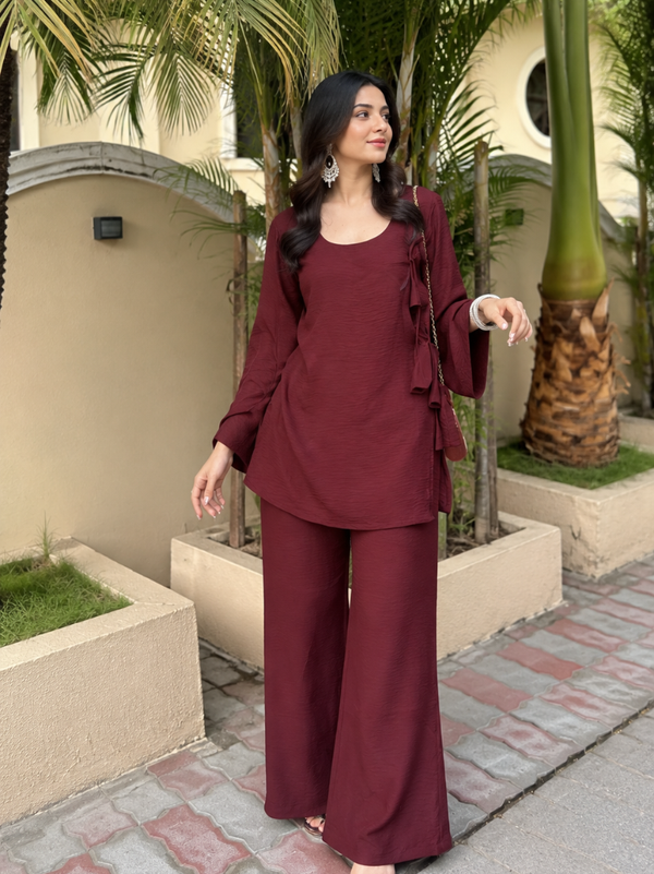 Maroon Rayon Relaxed Co-Ord Set with Wide-Leg Pants(KPMAROONSUVIRA)