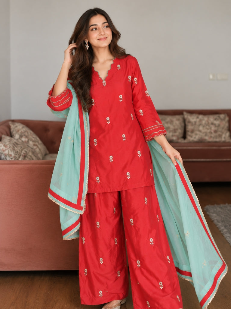 Red Floral Embroidered Kurta Palazzo Set with Aqua Blue Dupatta (KSDREDFSPAIN)