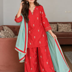 Red Floral Embroidered Kurta Palazzo Set with Aqua Blue Dupatta (KSDREDFSPAIN)