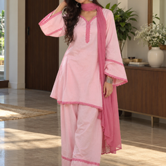 Baby Pink Cotton Kurta Salwar Set with Rose Pink Chiffon Dupatta (KSDBLUSHCOOPER )