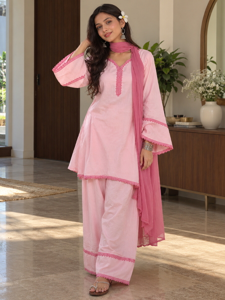 Baby Pink Cotton Kurta Salwar Set with Rose Pink Chiffon Dupatta (KSDBLUSHCOOPER )