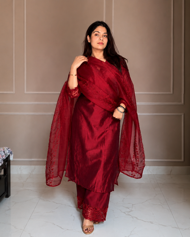 Stylum Women's Embroidered Kurta Set with Sheer Lace Dupatta