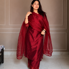 Stylum Women's Embroidered Kurta Set with Sheer Lace Dupatta