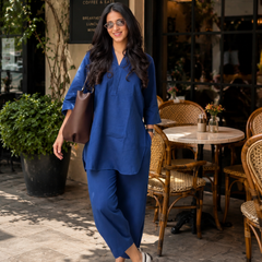 Navy Blue Solid Cotton Co-Ord Set for Women