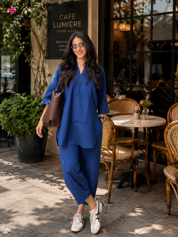 Navy Blue Solid Cotton Co-Ord Set for Women