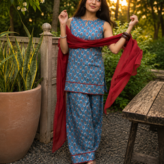 Blue Pure Cotton Printed Round Neck Sleeveless Hip Length Straight Kurta Farshi Salwar And Dupatta Set