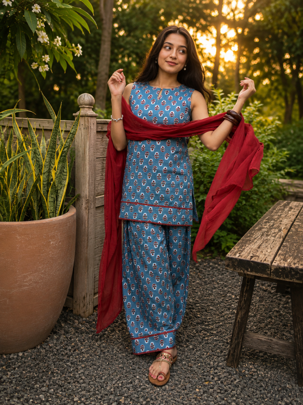 Blue Pure Cotton Printed Round Neck Sleeveless Hip Length Straight Kurta Farshi Salwar And Dupatta Set