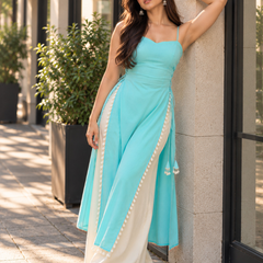 Sky Blue Roman Silk Sleeveless Slit Kurta with Lace Detailing (SKYWARM)