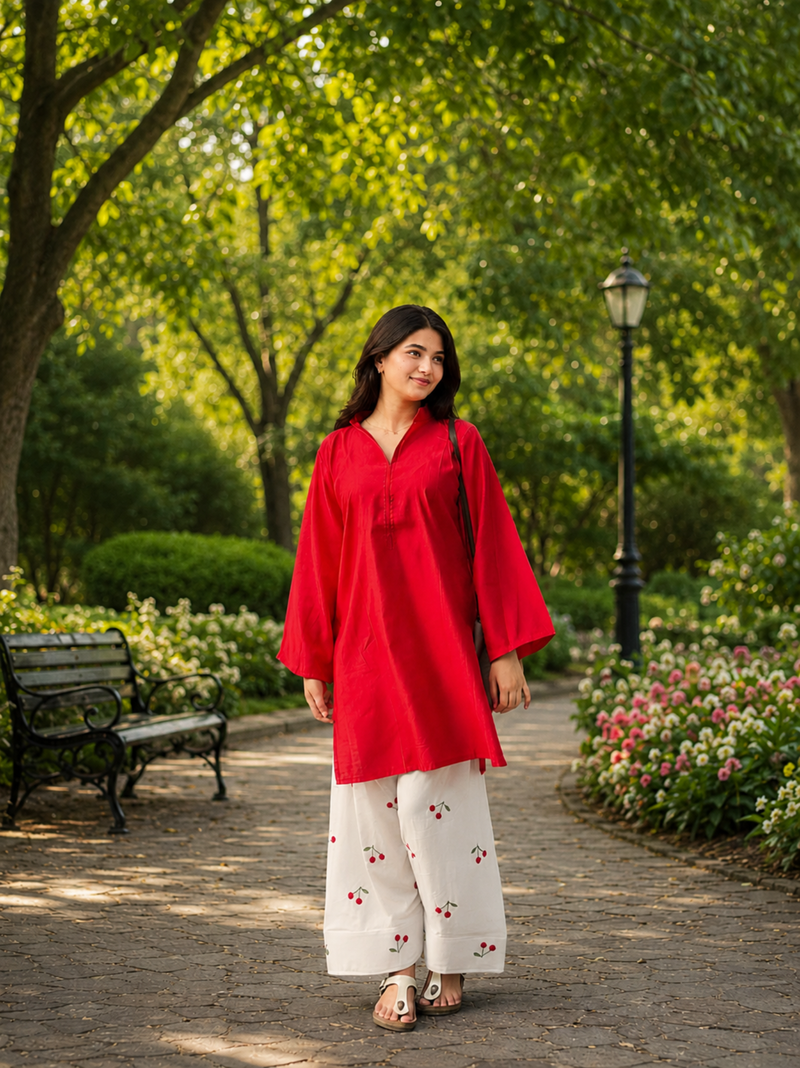 Beautiful Cotton Flex Kurti with Farsi Salvar with Embroidery Work