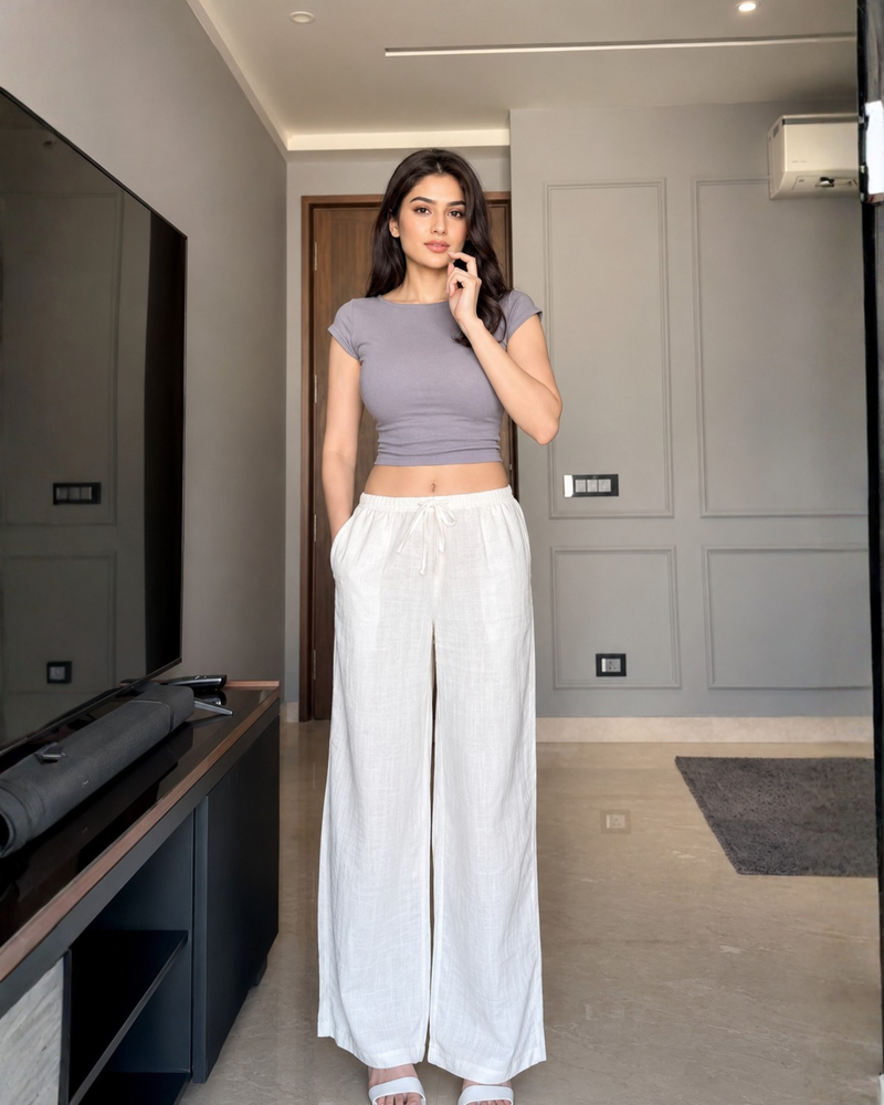 Women's White Linen Blend Wide-Leg Pants with Drawstring Waist & Pockets