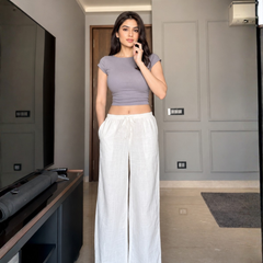 Women's White Linen Blend Wide-Leg Pants with Drawstring Waist & Pockets