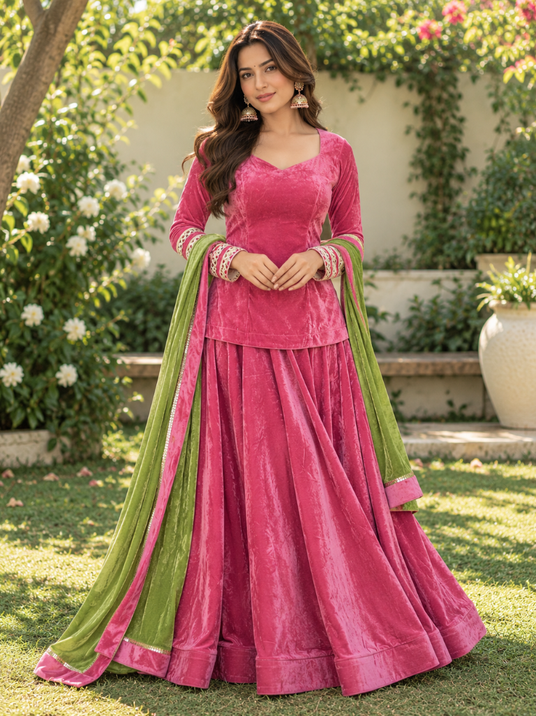 Rani Pink Velvet Lehenga Set with Lime Green Dupatta (LEHPINKRAJNI)
