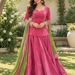 Rani Pink Velvet Lehenga Set with Lime Green Dupatta (LEHPINKRAJNI)