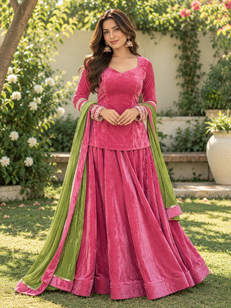 Rani Pink Velvet Lehenga Set with Lime Green Dupatta (LEHPINKRAJNI)