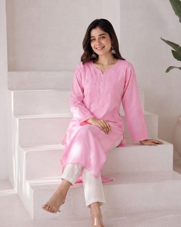 Pink Straight Embroidered Kurta